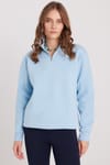 Kadın Relax Fit Rahat Kesim Pamuklu İçi Polarlı Yarım Fermuarlı Mavi Dik Yaka Sweatshirt