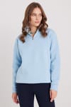 Kadın Relax Fit Rahat Kesim Pamuklu İçi Polarlı Yarım Fermuarlı Mavi Dik Yaka Sweatshirt