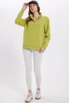 Kadın Relax Fit Rahat Kesim Pamuklu İçi Polarlı Yarım Fermuarlı Yeşil Dik Yaka Sweatshirt