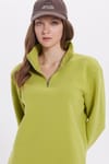 Kadın Relax Fit Rahat Kesim Pamuklu İçi Polarlı Yarım Fermuarlı Yeşil Dik Yaka Sweatshirt
