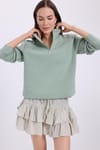 Kadın Relax Fit Rahat Kesim Pamuklu İçi Polarlı Yarım Fermuarlı Yeşil Dik Yaka Sweatshirt