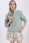 Kadın Relax Fit Rahat Kesim Pamuklu İçi Polarlı Yarım Fermuarlı Yeşil Dik Yaka Sweatshirt