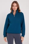 Kadın Relax Fit Rahat Kesim Pamuklu İçi Polarlı Yarım Fermuarlı İndigo Dik Yaka Sweatshirt