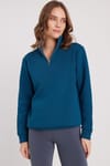 Kadın Relax Fit Rahat Kesim Pamuklu İçi Polarlı Yarım Fermuarlı İndigo Dik Yaka Sweatshirt