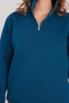 Kadın Relax Fit Rahat Kesim Pamuklu İçi Polarlı Yarım Fermuarlı İndigo Dik Yaka Sweatshirt