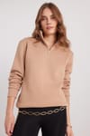 Kadın Relax Fit Rahat Kesim Pamuklu İçi Polarlı Yarım Fermuarlı Taş Renk Dik Yaka Sweatshirt