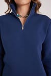 Kadın Relax Fit Rahat Kesim Pamuklu İçi Polarlı Yarım Fermuarlı Lacivert Dik Yaka Sweatshirt