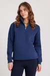 Kadın Relax Fit Rahat Kesim Pamuklu İçi Polarlı Yarım Fermuarlı Lacivert Dik Yaka Sweatshirt