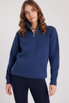 Kadın Relax Fit Rahat Kesim Pamuklu İçi Polarlı Yarım Fermuarlı Lacivert Dik Yaka Sweatshirt