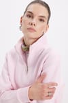 Kadın Relax Fit Rahat Kesim Pamuklu İçi Polarlı Yarım Fermuarlı Pembe Dik Yaka Sweatshirt