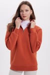 Kadın Relax Fit Rahat Kesim Pamuklu İçi Polarlı Yarım Fermuarlı Bordo Dik Yaka Sweatshirt