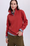 Kadın Relax Fit Rahat Kesim Pamuklu İçi Polarlı Yarım Fermuarlı Kırmızı Dik Yaka Sweatshirt