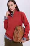 Kadın Relax Fit Rahat Kesim Pamuklu İçi Polarlı Yarım Fermuarlı Kırmızı Dik Yaka Sweatshirt