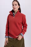Kadın Relax Fit Rahat Kesim Pamuklu İçi Polarlı Yarım Fermuarlı Kırmızı Dik Yaka Sweatshirt