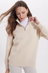 Kadın Relax Fit Rahat Kesim Pamuklu İçi Polarlı Yarım Fermuarlı Ekru Dik Yaka Sweatshirt