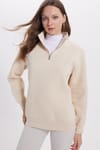 Kadın Relax Fit Rahat Kesim Pamuklu İçi Polarlı Yarım Fermuarlı Ekru Dik Yaka Sweatshirt