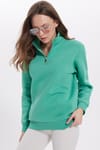 Kadın Relax Fit Rahat Kesim Pamuklu İçi Polarlı Yarım Fermuarlı Yeşil Dik Yaka Sweatshirt