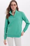 Kadın Relax Fit Rahat Kesim Pamuklu İçi Polarlı Yarım Fermuarlı Yeşil Dik Yaka Sweatshirt