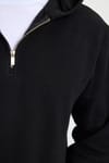 Unisex Relax Fit Rahat Kesim Pamuklu İçi Polarlı Yarım Fermuarlı Siyah Kapüşonlu Sweatshirt