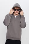 Unisex Relax Fit Rahat Kesim Pamuklu İçi Polarlı Yarım Fermuarlı Gri Kapüşonlu Sweatshirt