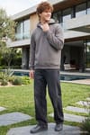 Unisex Relax Fit Rahat Kesim Pamuklu İçi Polarlı Yarım Fermuarlı Gri Kapüşonlu Sweatshirt