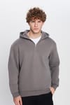Unisex Relax Fit Rahat Kesim Pamuklu İçi Polarlı Yarım Fermuarlı Gri Kapüşonlu Sweatshirt