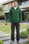 Unisex Relax Fit Rahat Kesim Pamuklu İçi Polarlı Yarım Fermuarlı Yeşil Kapüşonlu Sweatshirt
