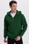 Unisex Relax Fit Rahat Kesim Pamuklu İçi Polarlı Yarım Fermuarlı Yeşil Kapüşonlu Sweatshirt
