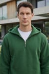 Unisex Relax Fit Rahat Kesim Pamuklu İçi Polarlı Yarım Fermuarlı Yeşil Kapüşonlu Sweatshirt