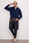 Unisex Relax Fit Rahat Kesim Pamuklu İçi Polarlı Yarım Fermuarlı Lacivert Kapüşonlu Sweatshirt