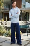 Unisex Relax Fit Rahat Kesim Pamuklu İçi Polarlı Yarım Fermuarlı Mavi Kapüşonlu Sweatshirt