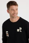 Erkek Relax Fit Rahat Kesim Pamuklu Lastikli Kol Bisiklet Yaka Baskılı Siyah Sweatshirt