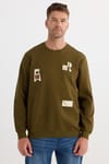 Erkek Relax Fit Rahat Kesim Pamuklu Lastikli Kol Bisiklet Yaka Baskılı Haki Sweatshirt