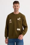 Erkek Relax Fit Rahat Kesim Pamuklu Lastikli Kol Bisiklet Yaka Baskılı Haki Sweatshirt