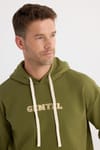 Erkek Oversize Geniş Kesim Pamuklu Baskılı Yeşil Kapüşonlu Sweatshirt