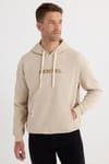 Erkek Oversize Geniş Kesim Pamuklu Baskılı Bej Kapüşonlu Sweatshirt