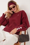 Kadın Regular Fit Klasik Kesim %100 Pamuk Baskılı Bisiklet Yaka Bordo Sweatshirt