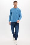 Erkek Relax Fit Rahat Kesim %100 Pamuk 2 İplik Bisiklet Yaka Mavi Sweatshirt