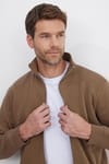 Unisex Relax Fit Rahat Kesim Pamuklu İçi Polarlı Tam Fermuarlı Kahverengi Dik Yaka Hırka