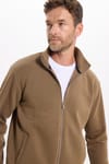 Unisex Relax Fit Rahat Kesim Pamuklu 3 İplik İçi Polarlı Fermuarlı Kahverengi Cepli Sweatshirt Hırka