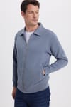 Unisex Relax Fit Rahat Kesim Pamuklu İç Polarlı Fermuarlı Gri Polo Yaka Flato Cepli Sweatshirt Hırka