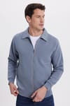 Unisex Relax Fit Rahat Kesim Pamuklu İç Polarlı Fermuarlı Gri Polo Yaka Flato Cepli Sweatshirt Hırka