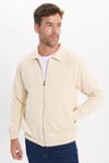 Unisex Relax Fit Rahat Kesim Pamuklu İç Polarlı Fermuarlı Bej Polo Yaka Flato Cepli Sweatshirt Hırka