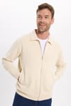 Unisex Relax Fit Rahat Kesim Pamuklu İç Polarlı Fermuarlı Bej Polo Yaka Flato Cepli Sweatshirt Hırka