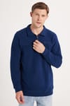 Erkek Standart Fit Pamuklu Selanik Kumaş Yarım Fermuarlı Polo Yaka Baskılı İndigo Sweatshirt