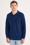 Erkek Standart Fit Pamuklu Selanik Kumaş Yarım Fermuarlı Polo Yaka Baskılı İndigo Sweatshirt