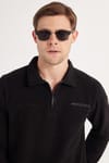 Erkek Standart Fit Pamuklu Selanik Kumaş Yarım Fermuarlı Polo Yaka Baskılı Siyah Sweatshirt