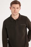 Erkek Standart Fit Pamuklu Selanik Kumaş Yarım Fermuarlı Polo Yaka Baskılı Kahverengi Sweatshirt
