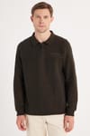 Erkek Standart Fit Pamuklu Selanik Kumaş Yarım Fermuarlı Polo Yaka Baskılı Kahverengi Sweatshirt