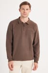 Erkek Standart Fit Pamuklu Selanik Kumaş Yarım Fermuarlı Polo Yaka Baskılı Tütün Rengi Sweatshirt